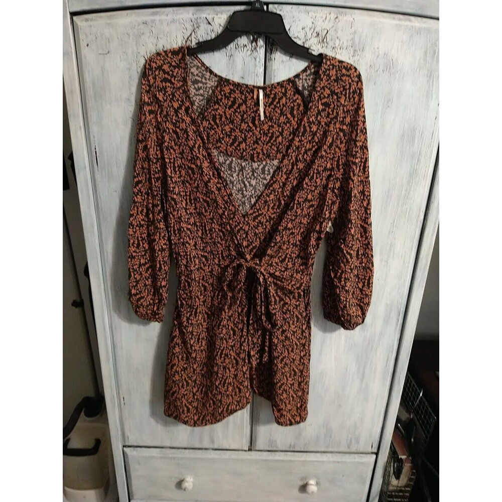Free People Puff Sleeve Floral Print Tie Front Mini Dress Lrg Boho Feminine